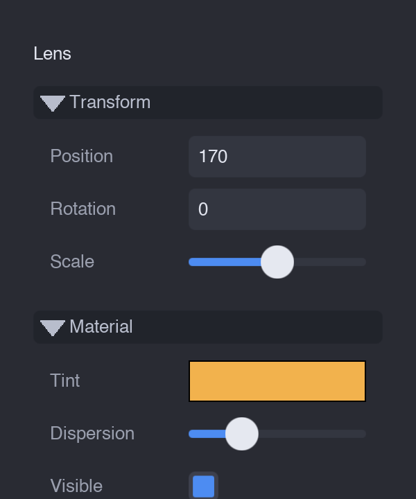 An inspector with Transform and Material collapsible sections of labelled fields
